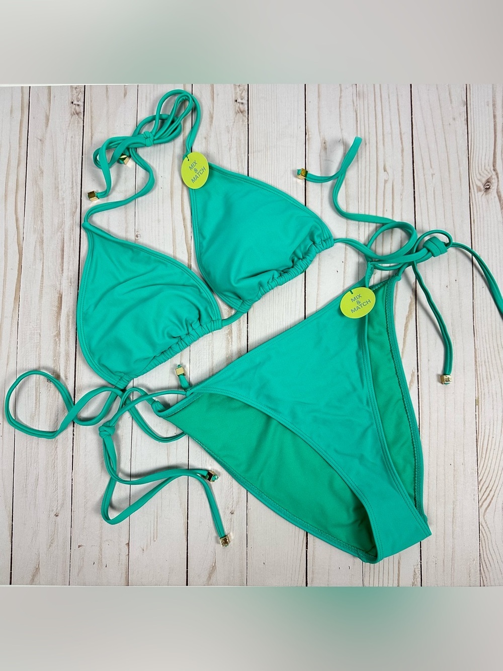 FOREVER 21 NWT 2 piece triangle bikini aqua gold accents - size medium